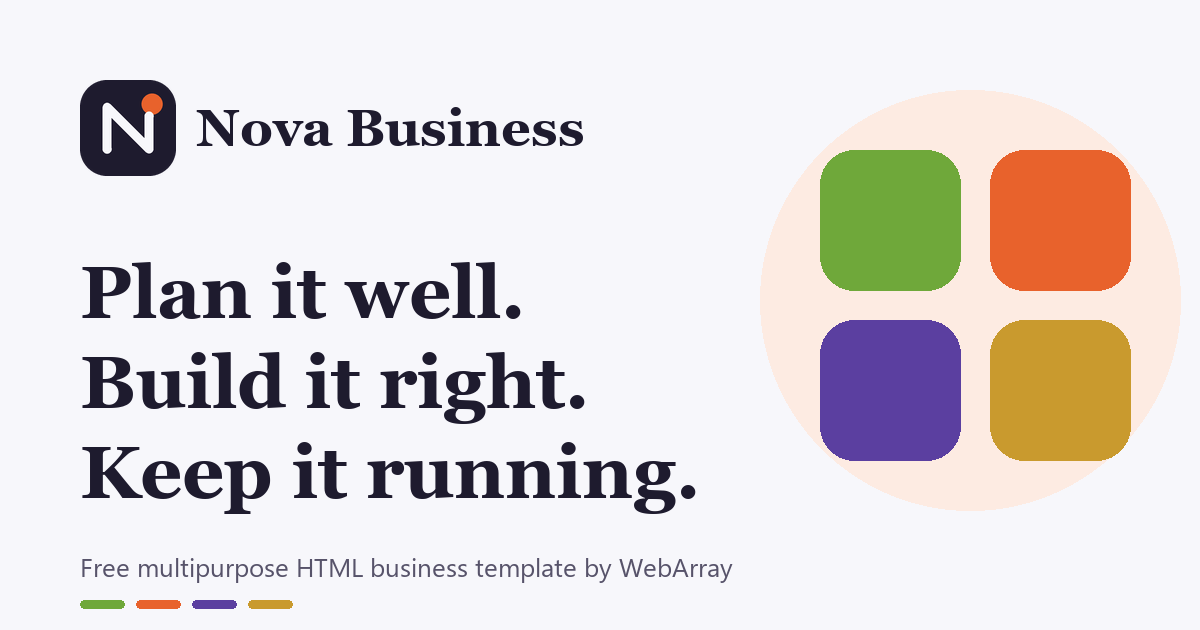 Nova Business template preview: headline and colorful service tiles